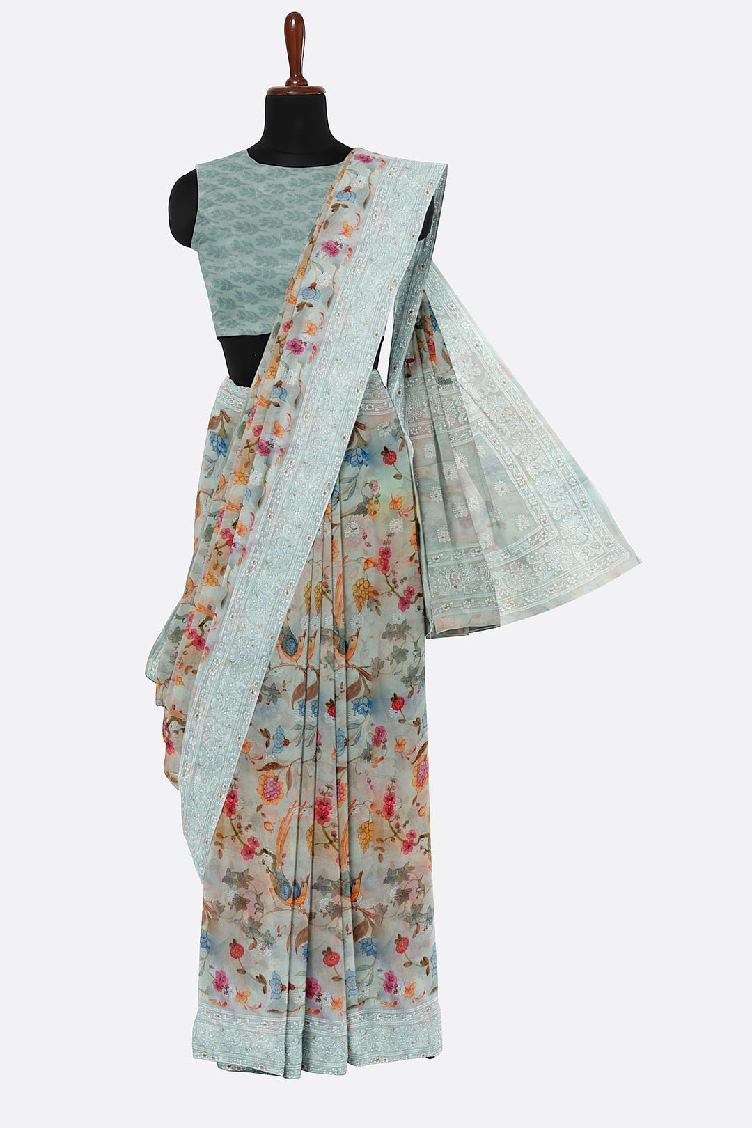Light Blue Printed Georgette Saree F00476