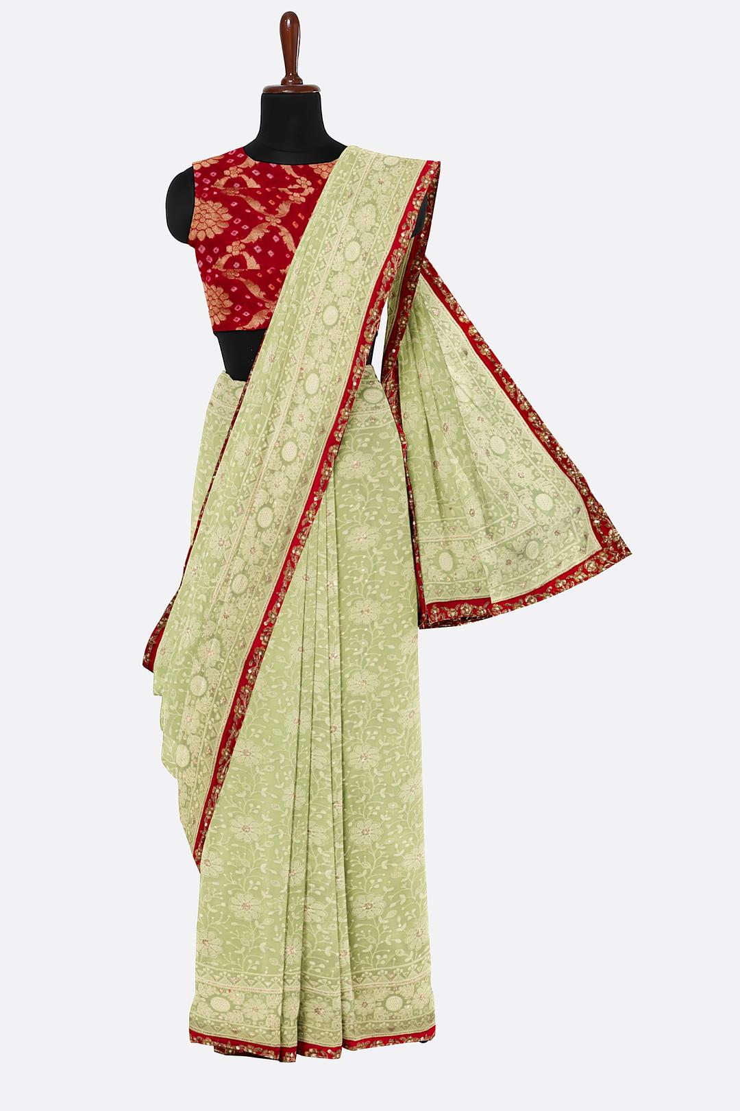 Light Green Embroidered Georgette Saree F01091
