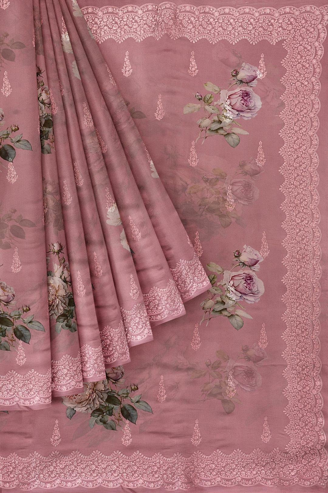 Pink Printed Georgette Saree F00817