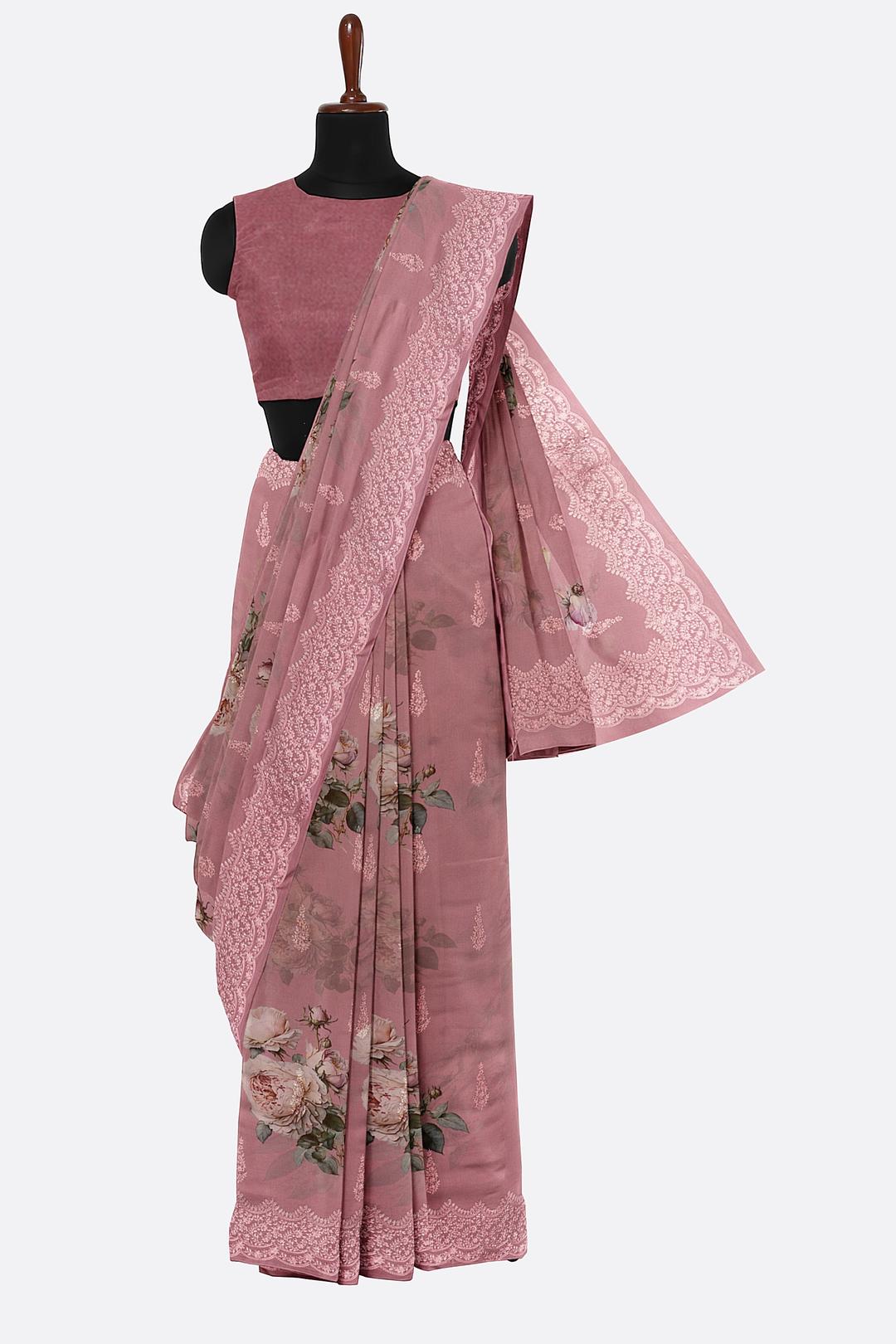 Pink Printed Georgette Saree F00817