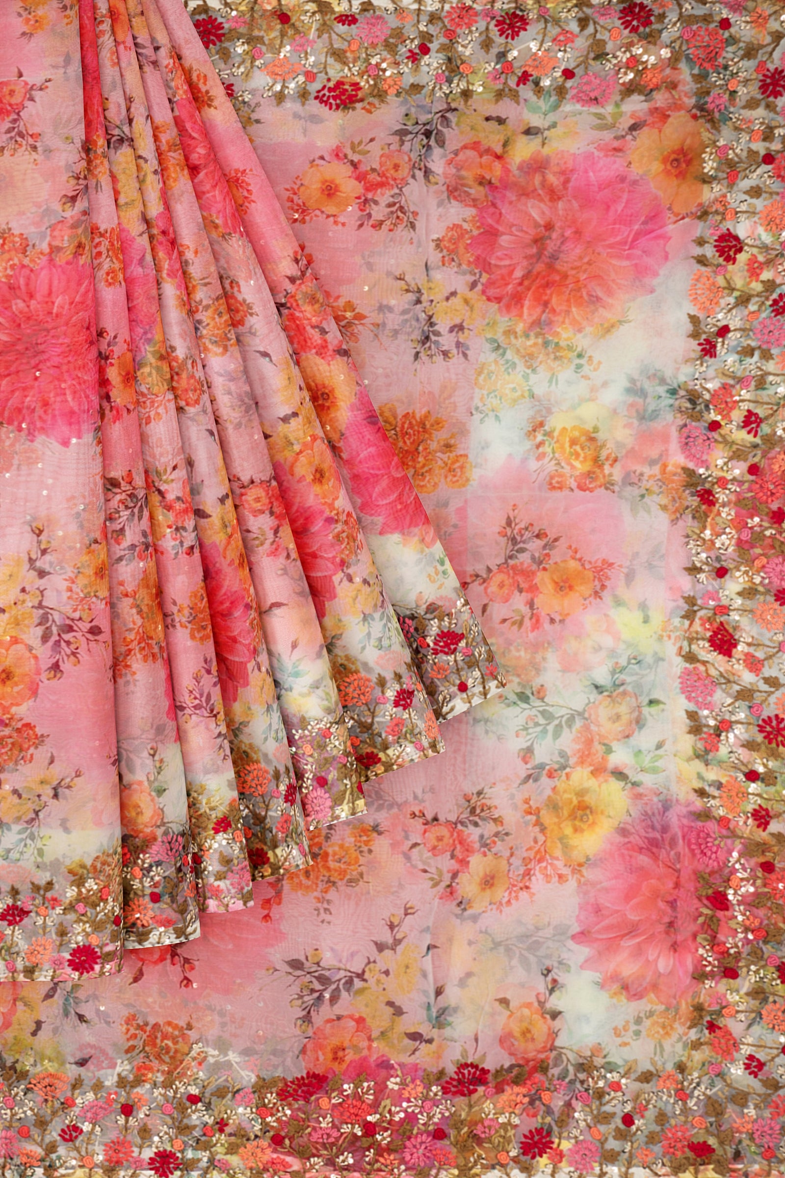 Pink Printed Organza Saree F01092