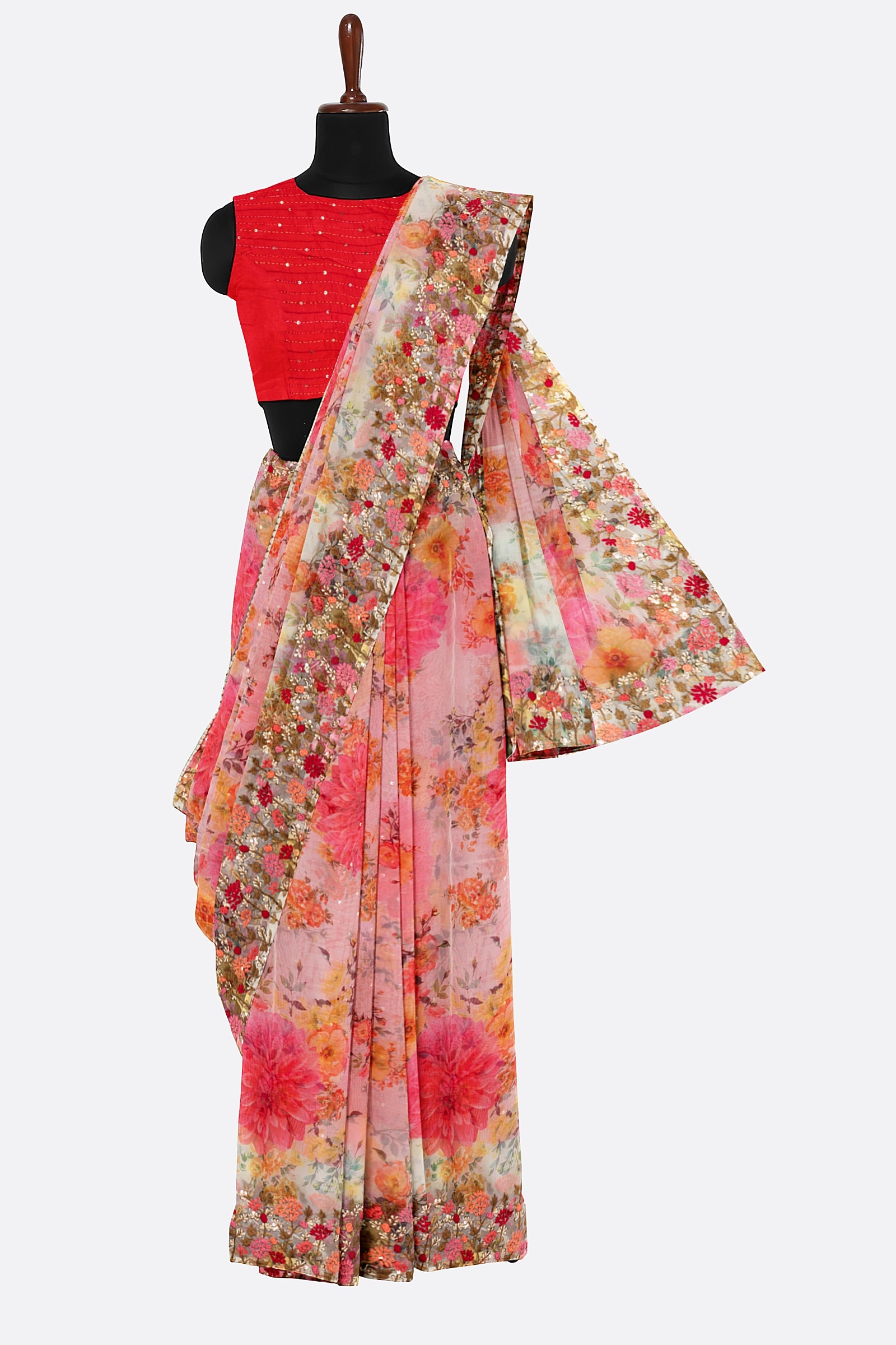 Pink Printed Organza Saree F01092