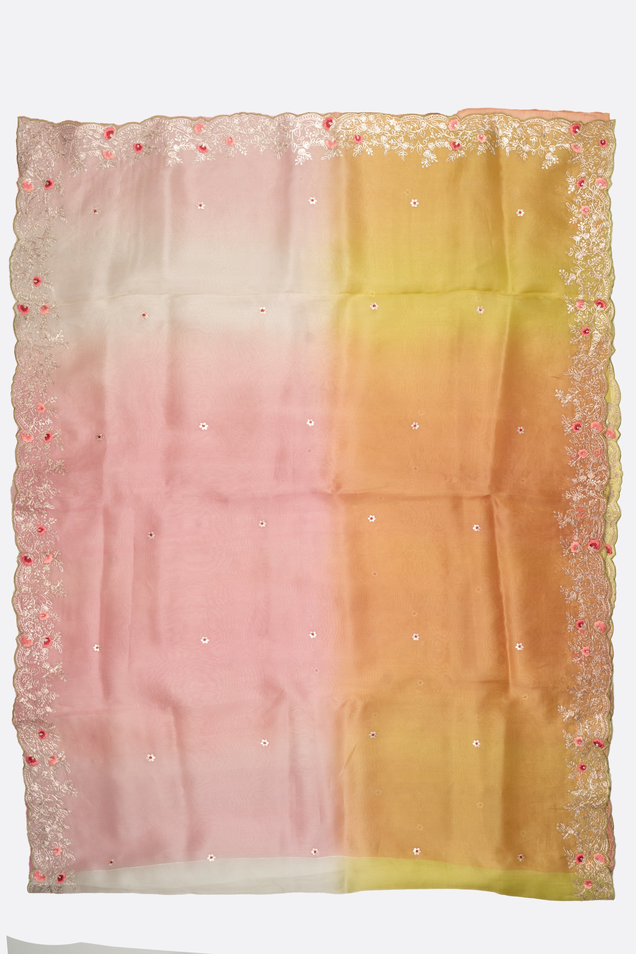 Pink And Green Embellished Organza Saree F01124