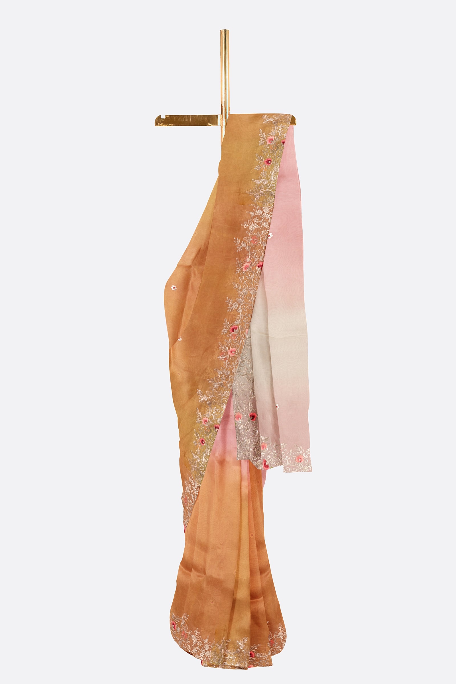 Pink And Green Embellished Organza Saree F01124