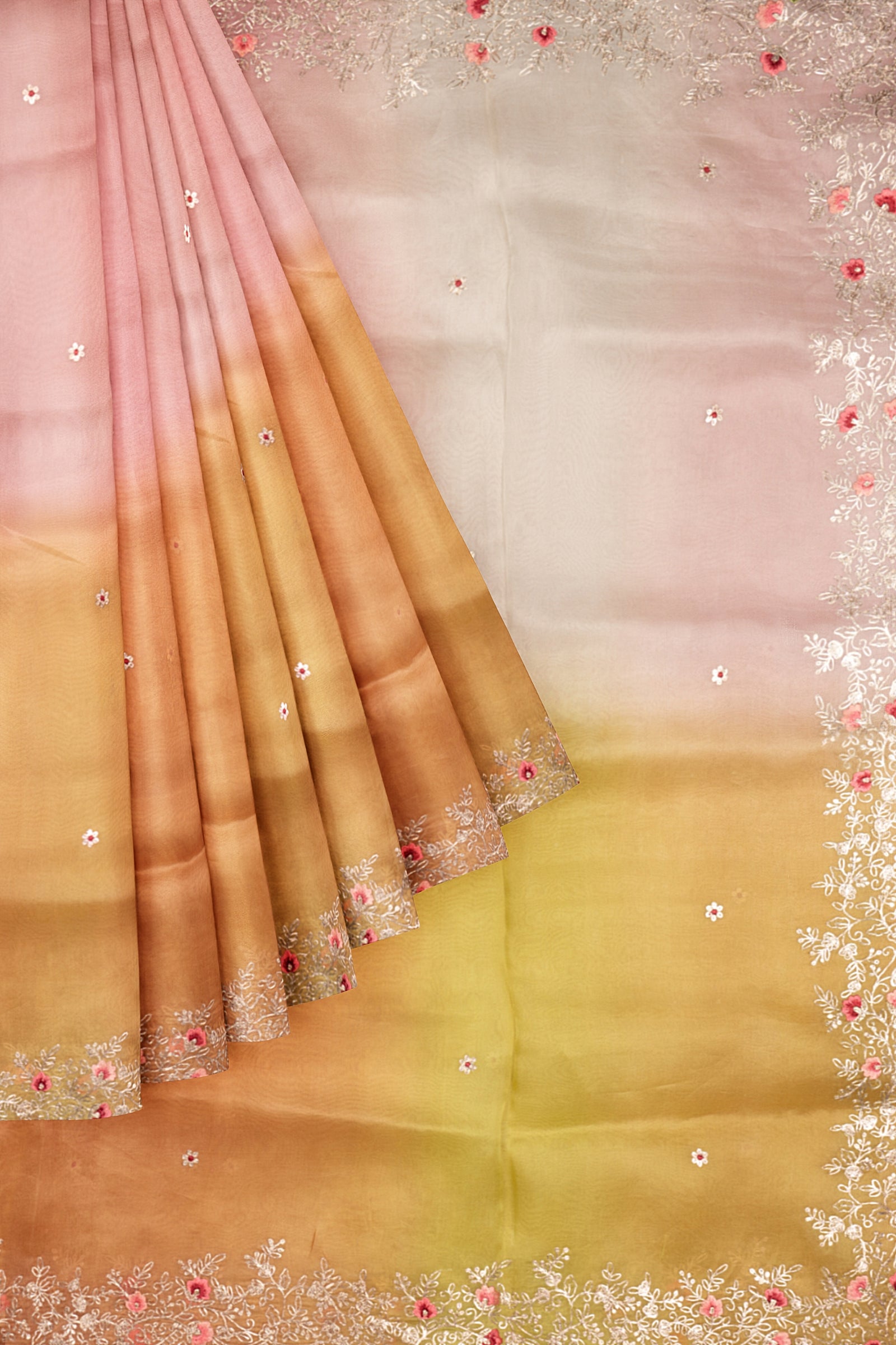 Pink And Green Embellished Organza Saree F01124