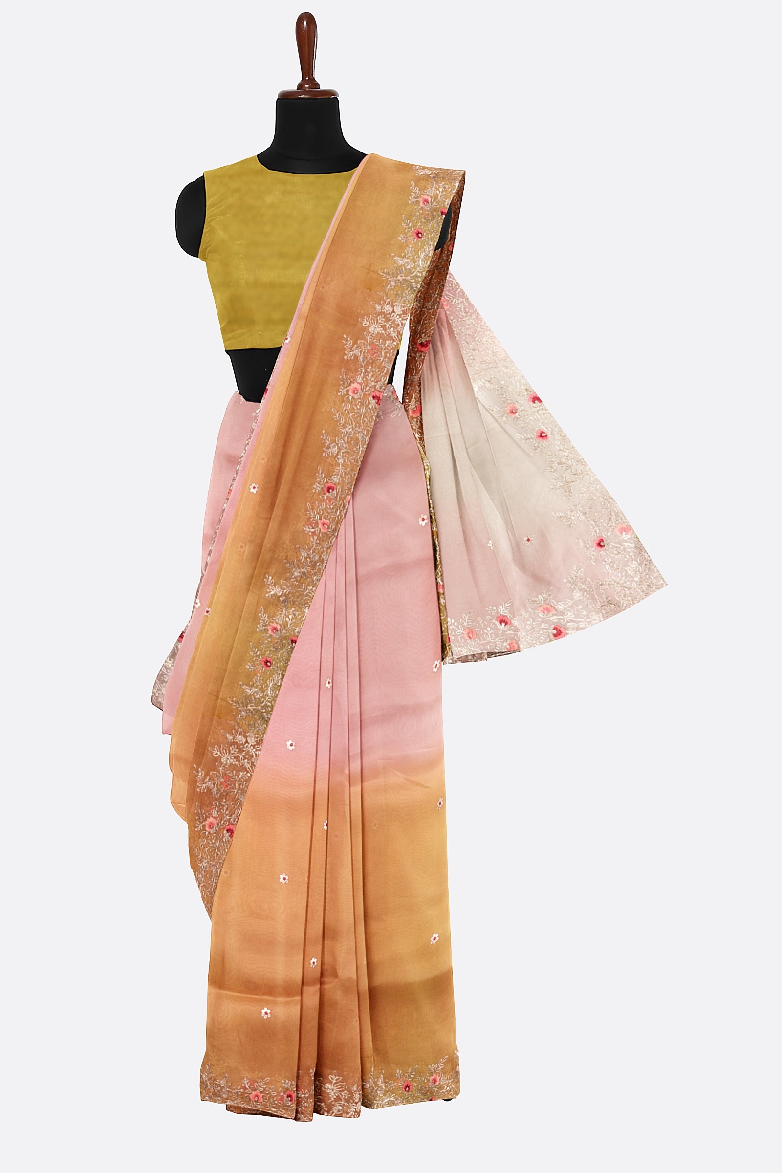 Pink And Green Embellished Organza Saree F01124