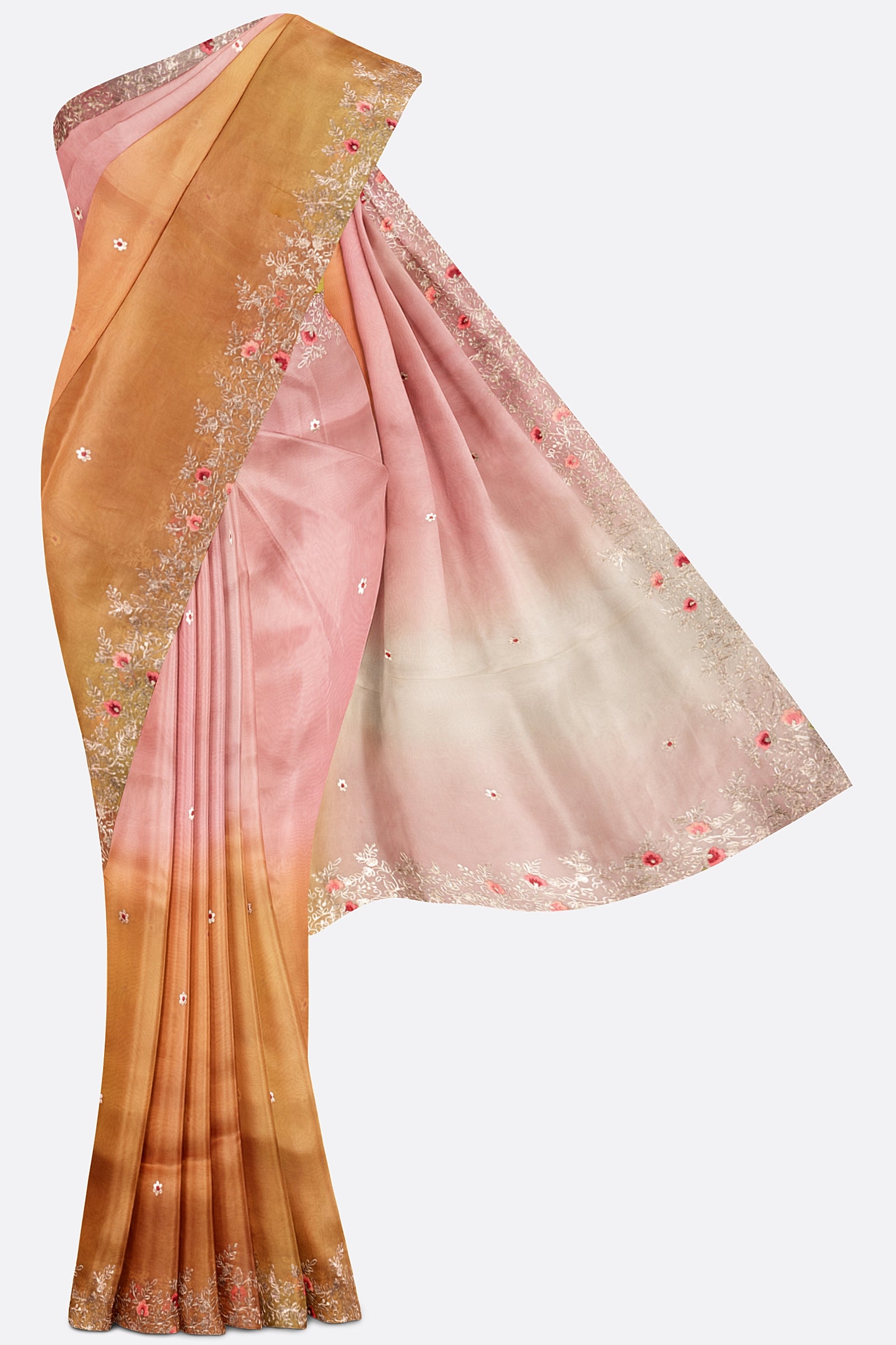 Pink And Green Embellished Organza Saree F01124