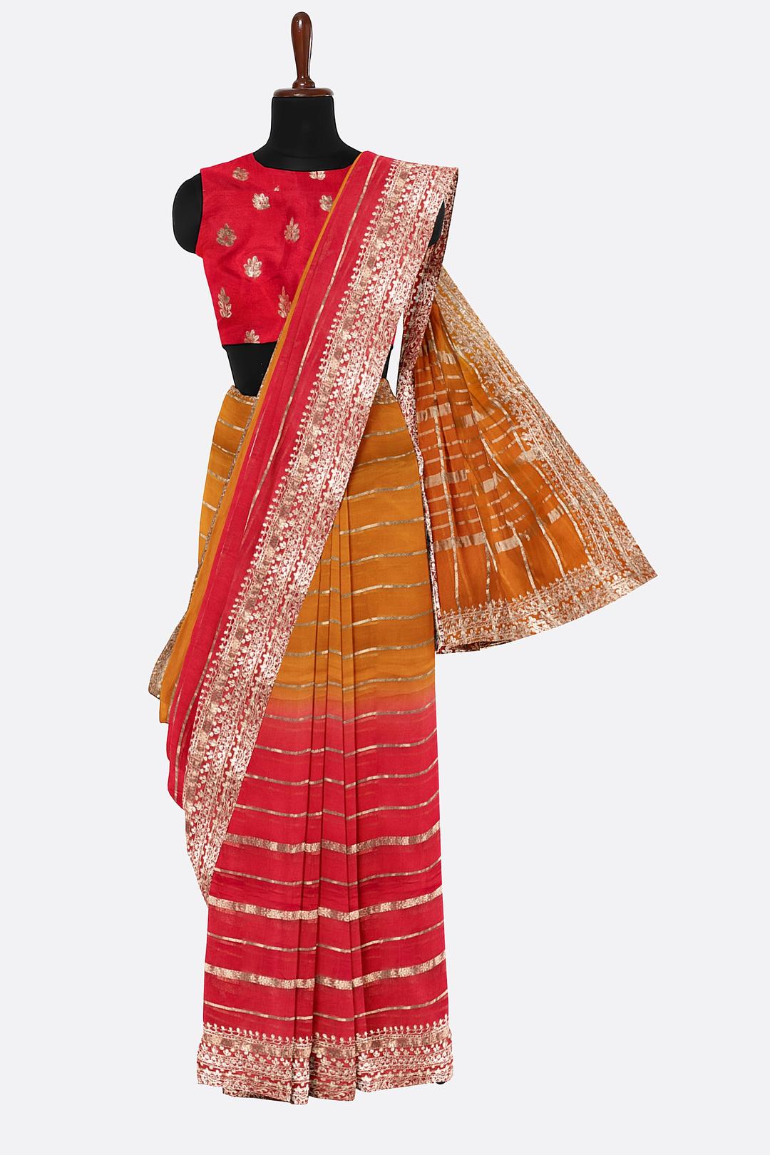 Red And Orange Plain Organza Saree F01106