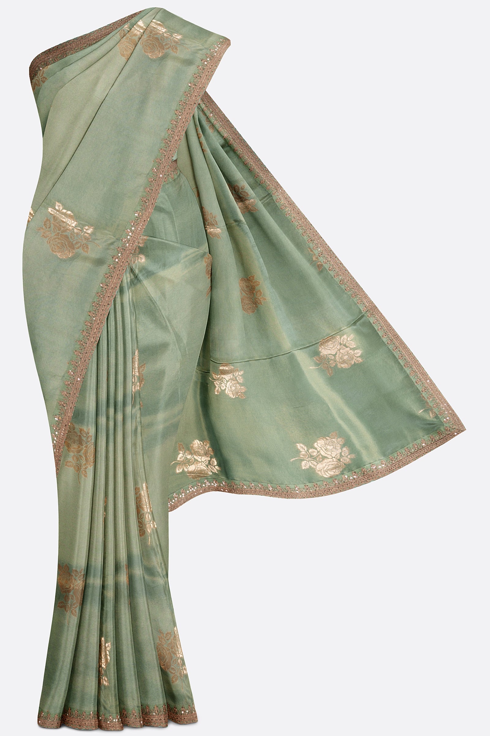 Green Woven Tissue Saree F01117