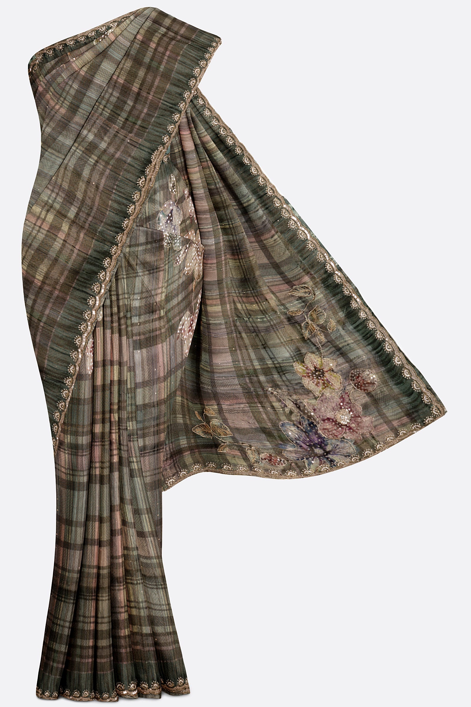 Grey Embellished Georgette Silk Saree F01004