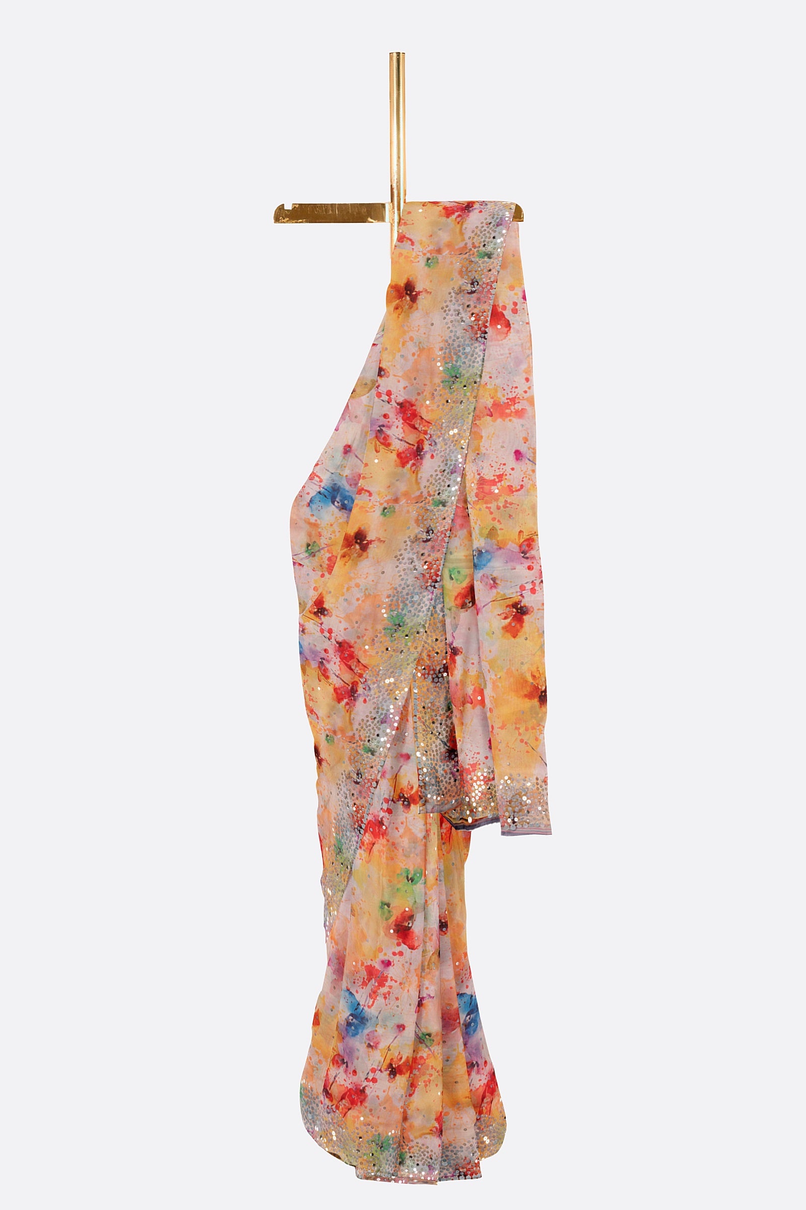 Yellow Printed Satin Saree F01183