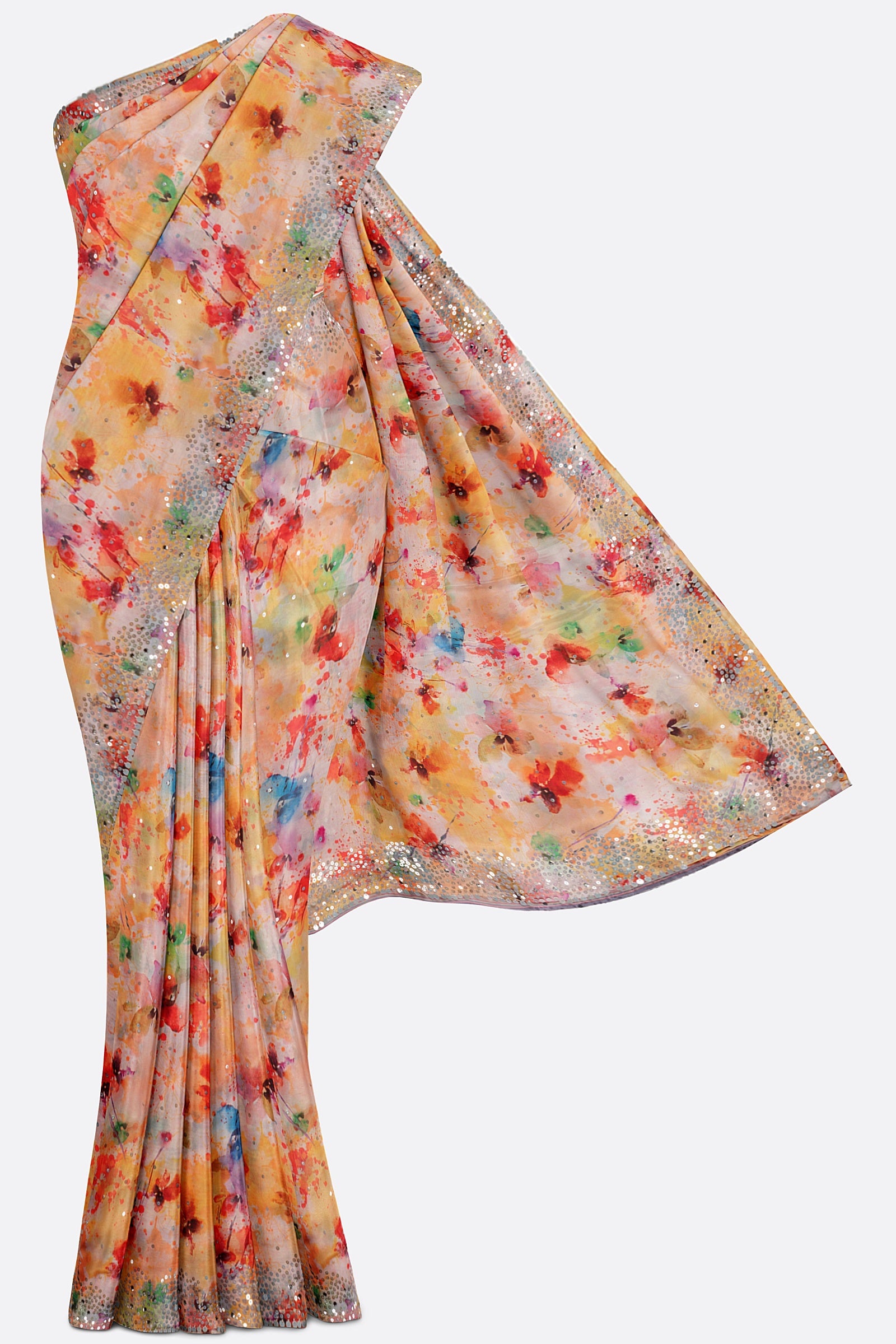 Yellow Printed Satin Saree F01183