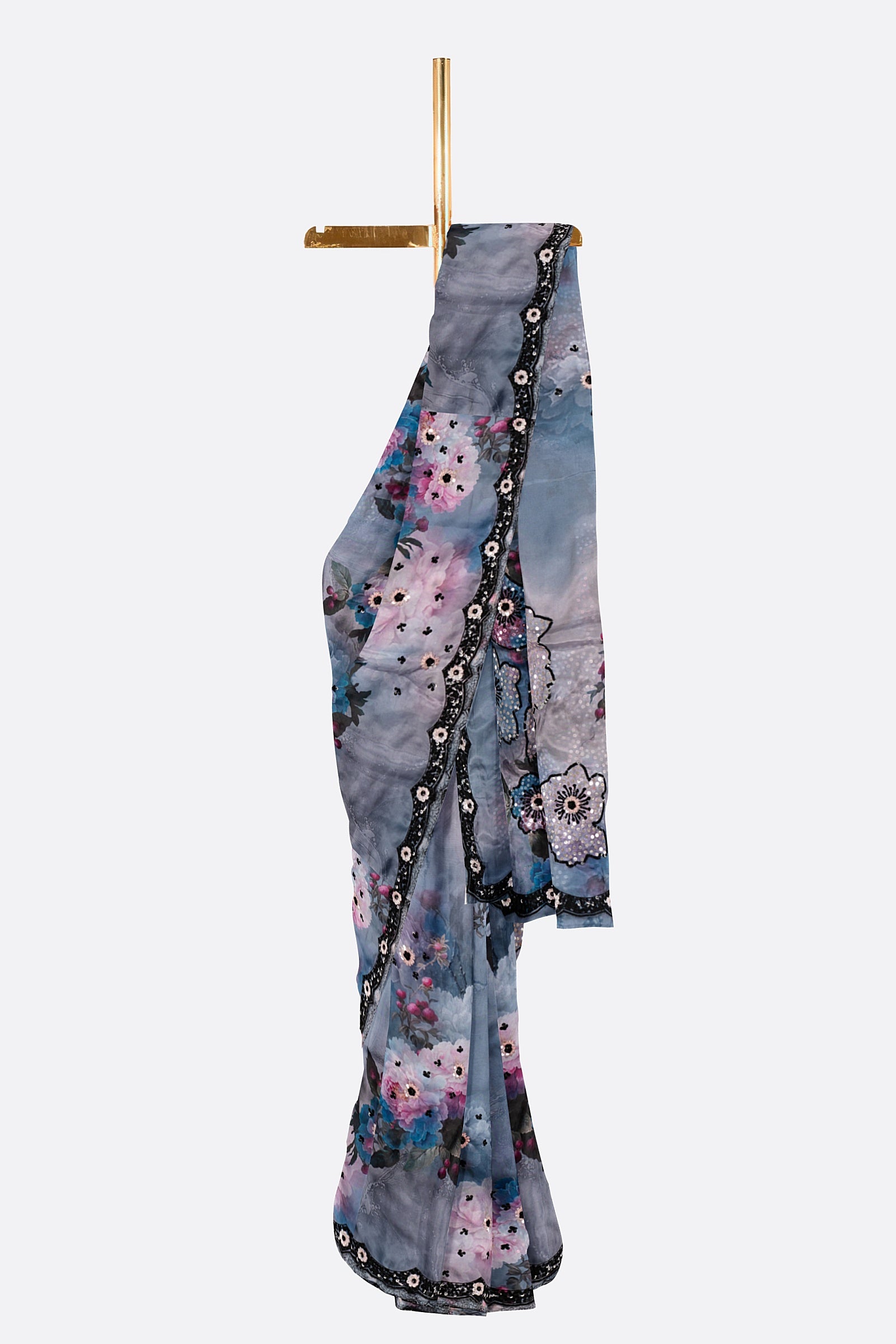 Blue Printed Satin Saree F01181