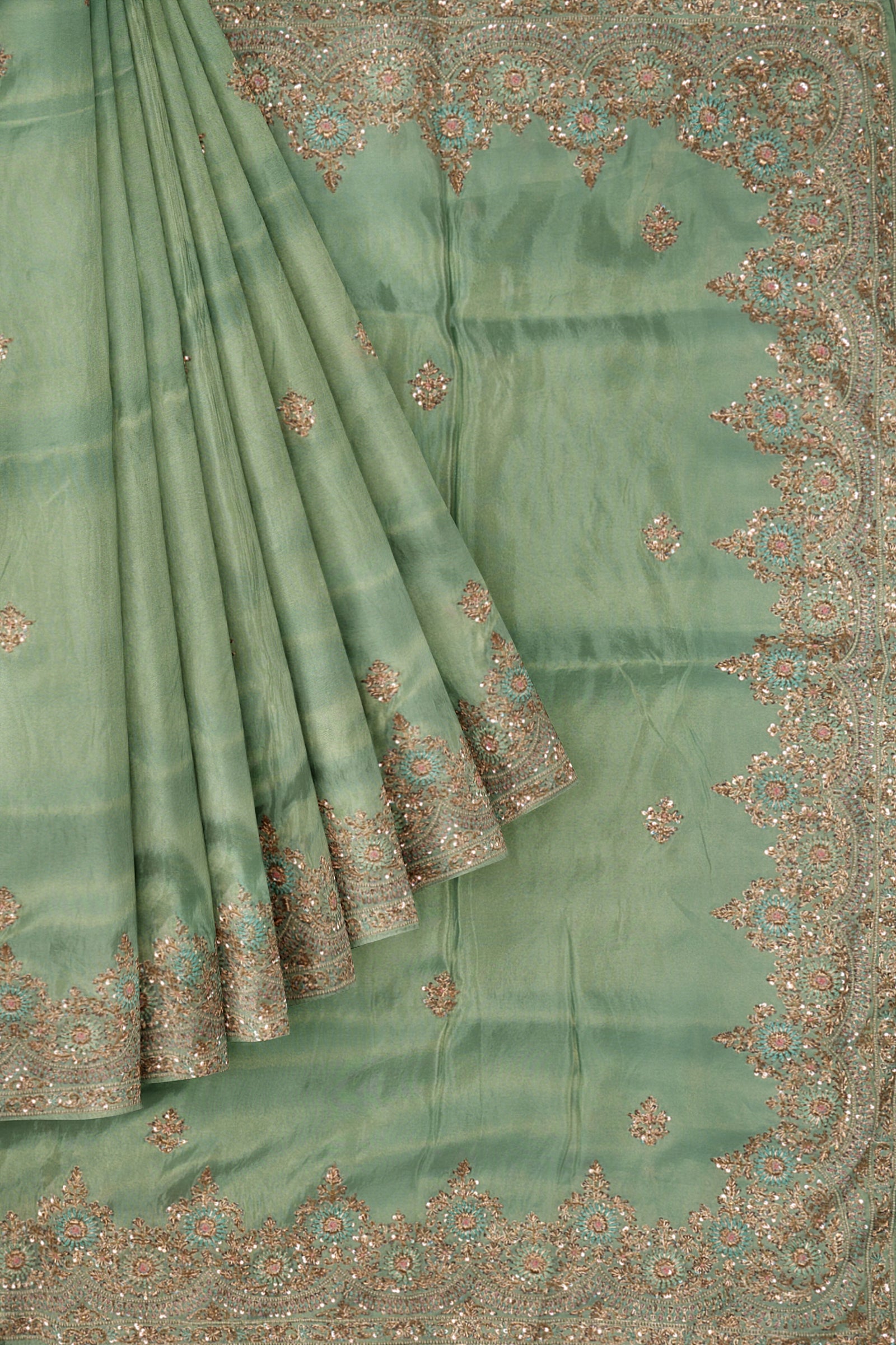 Green Embellished Tissue Saree F00843