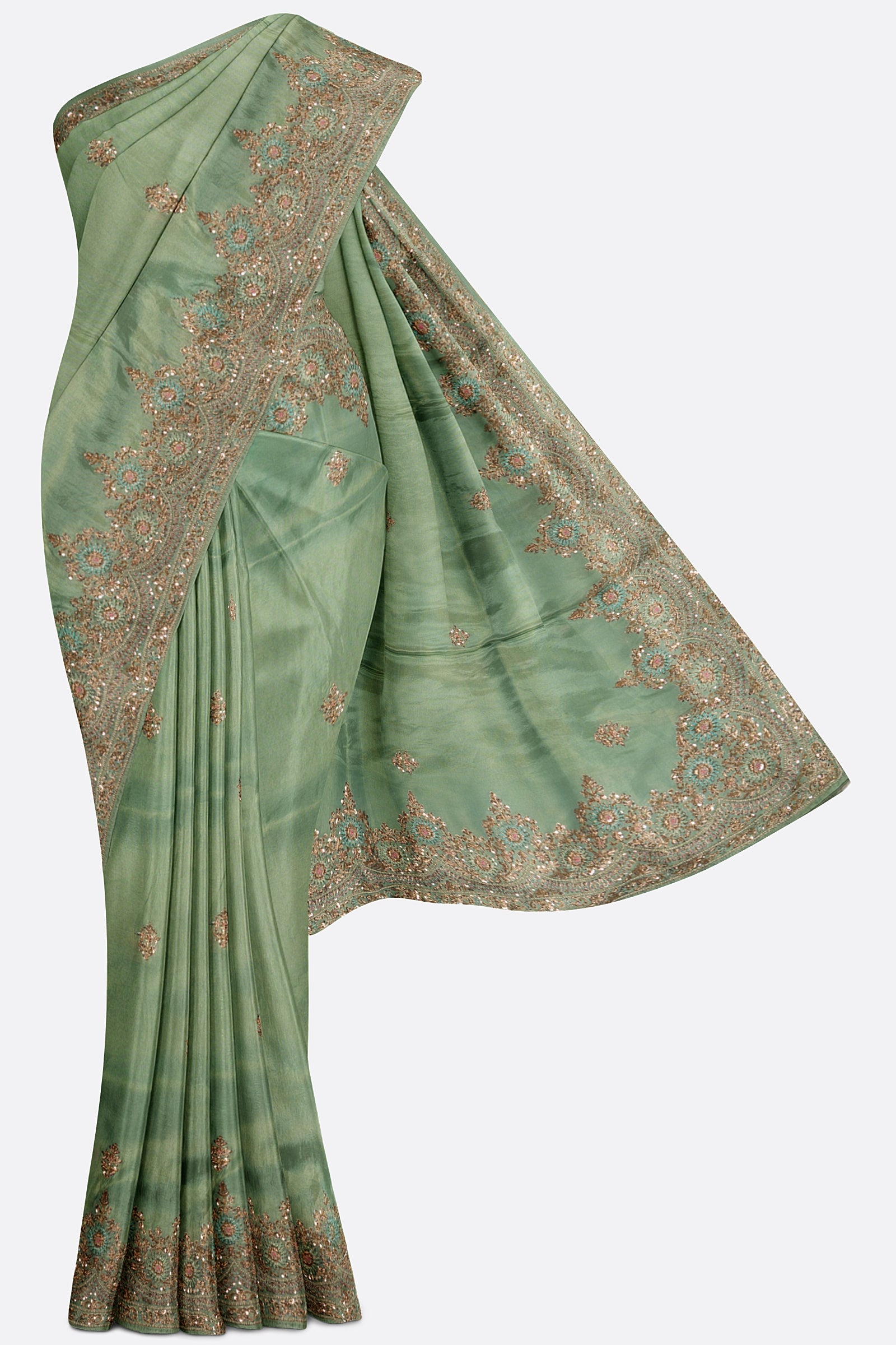 Green Embellished Tissue Saree F00843