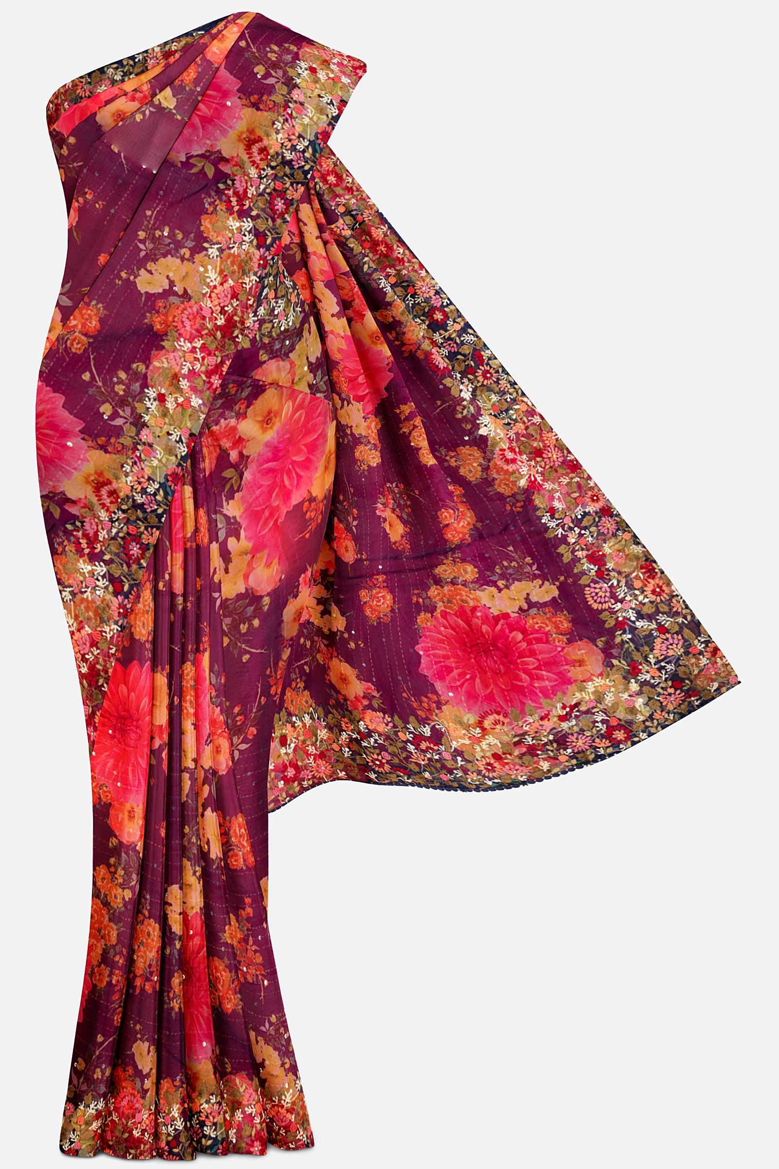 Violet Printed Kora Saree F01090