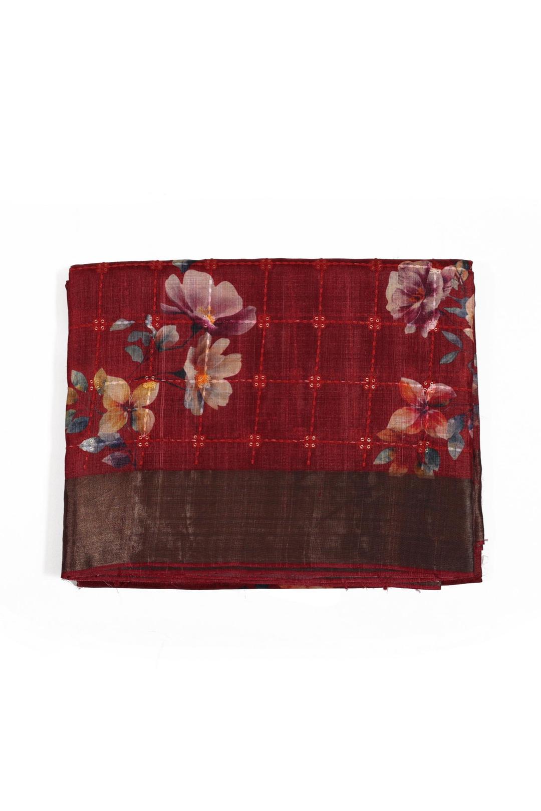 Red Printed And Embroidered Tussar Saree F01022