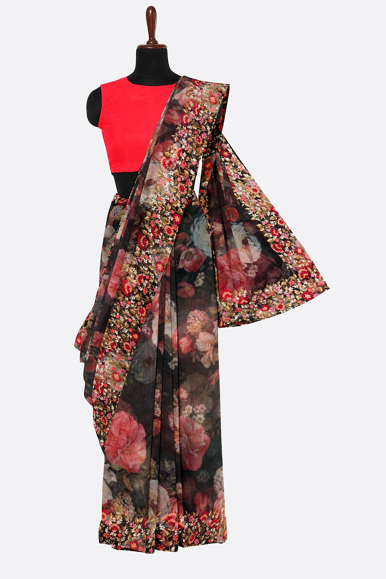 Black Printed Organza Saree F01090