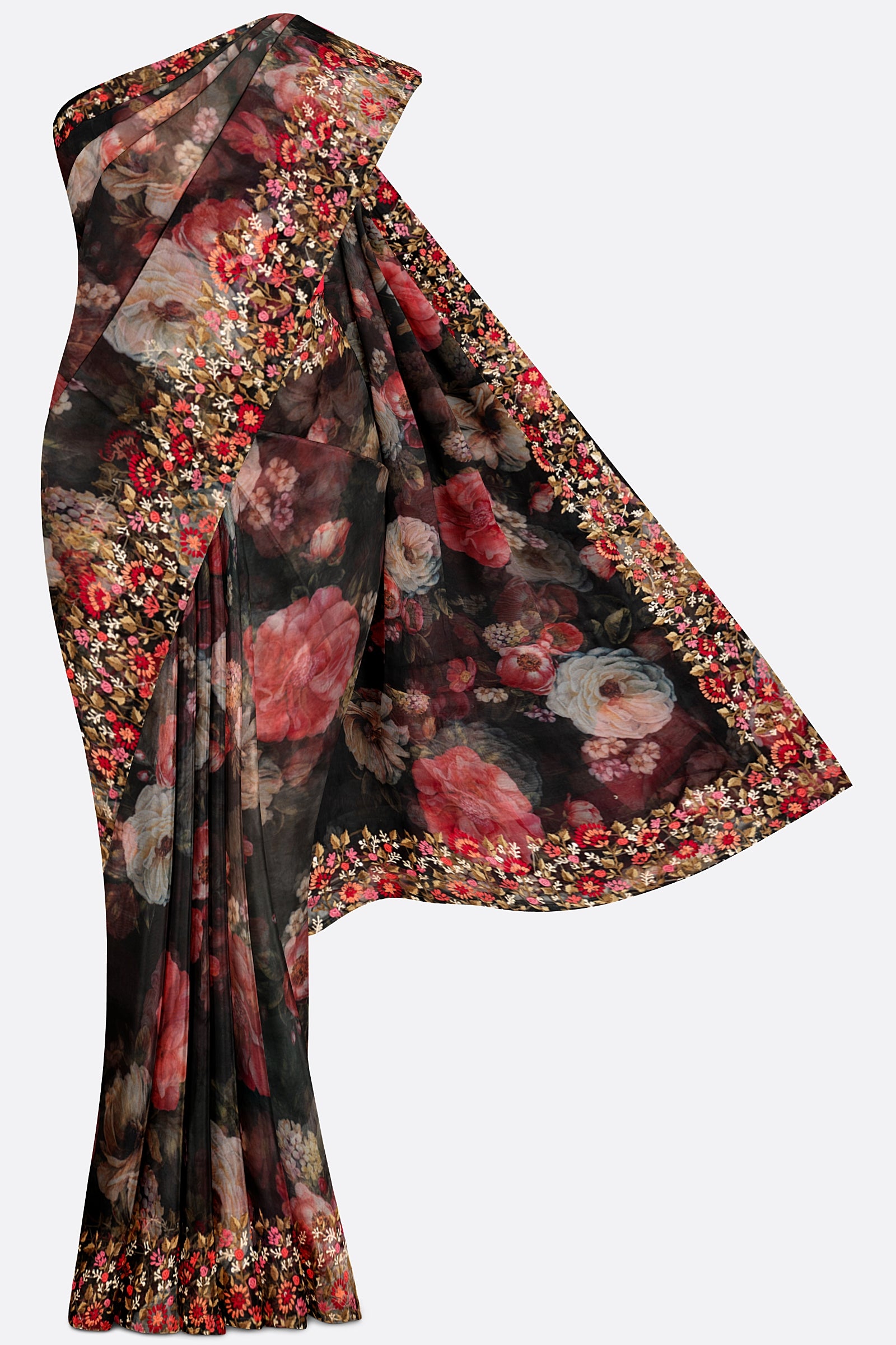 Black Printed Organza Saree F01090