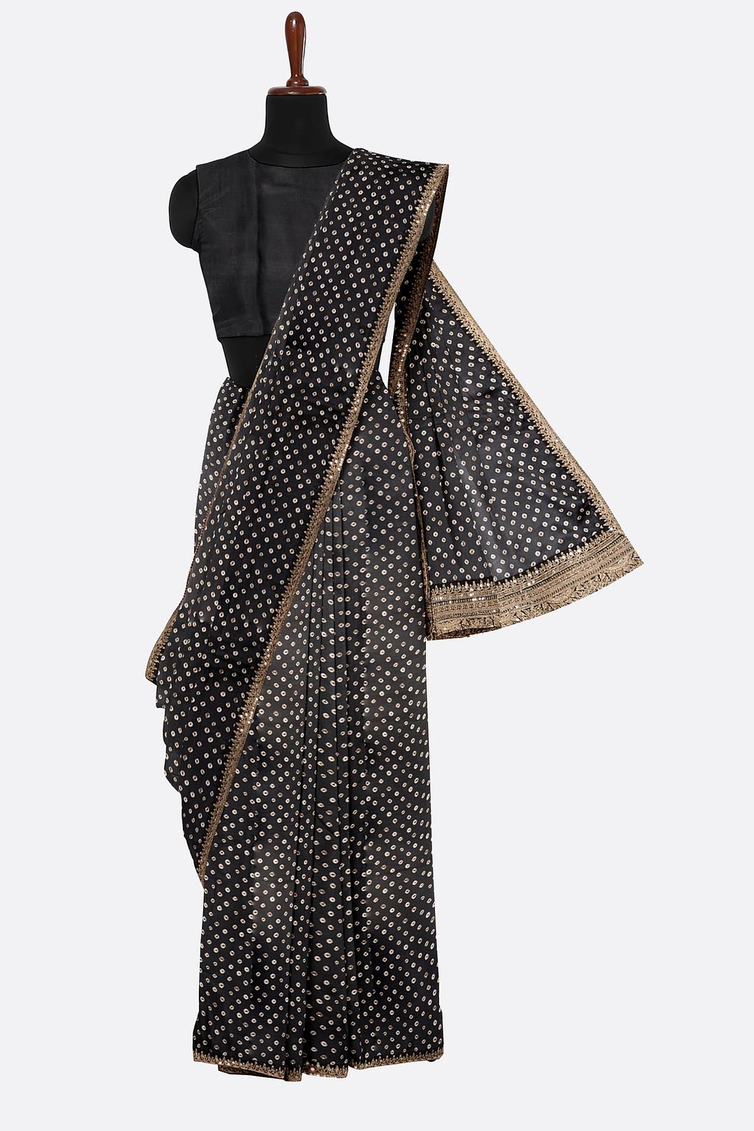 Black Printed Satin Saree F01118