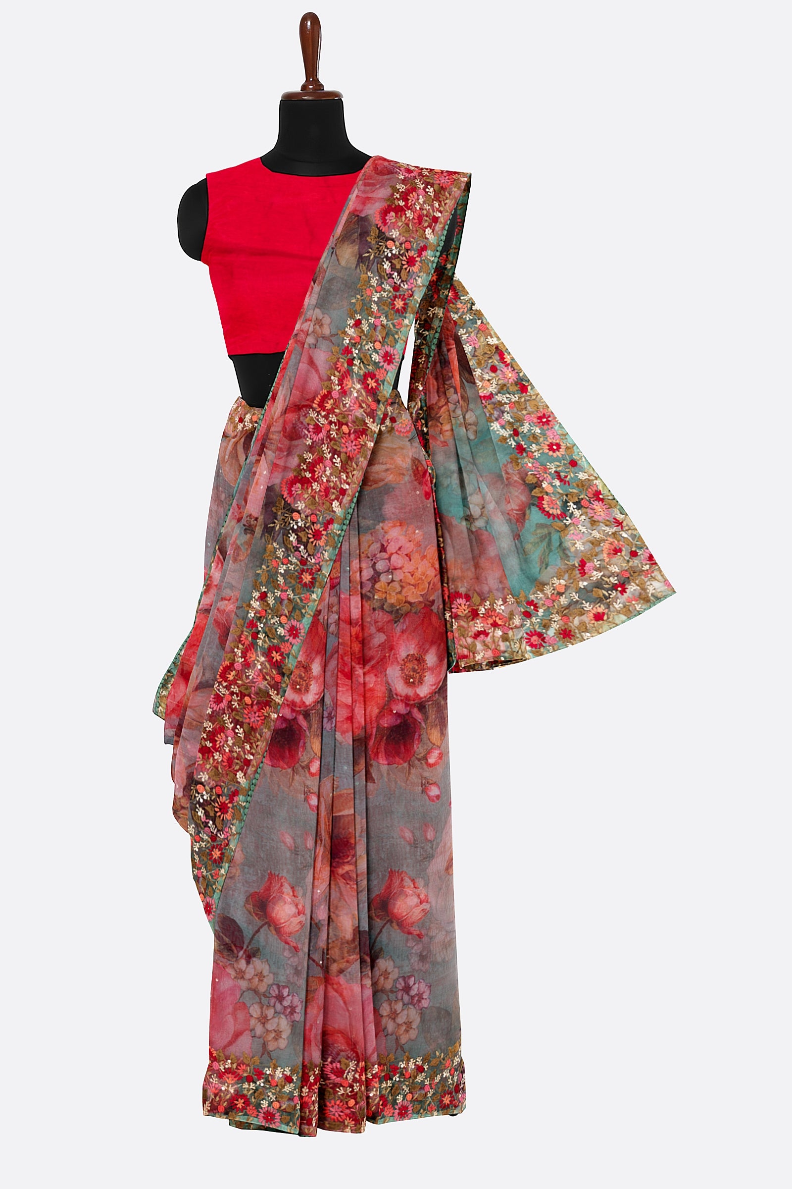 Blue Printed Organza Saree F01090