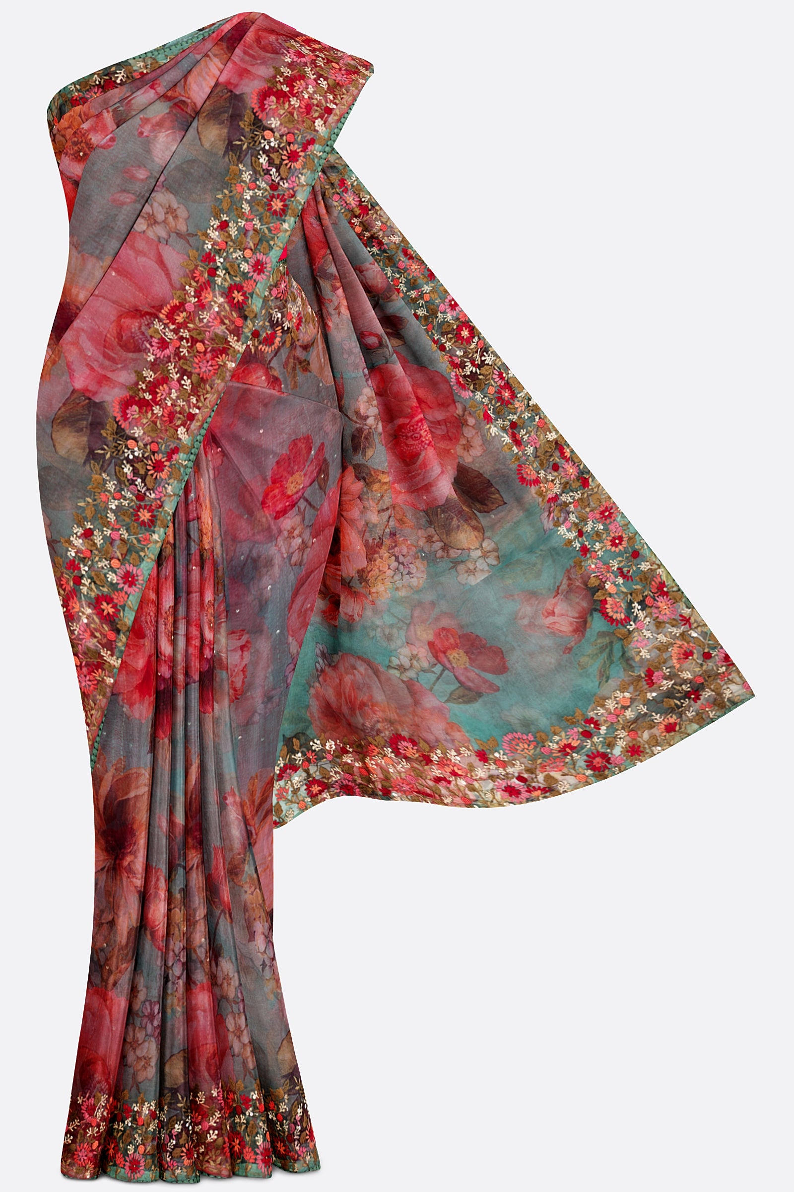 Blue Printed Organza Saree F01090