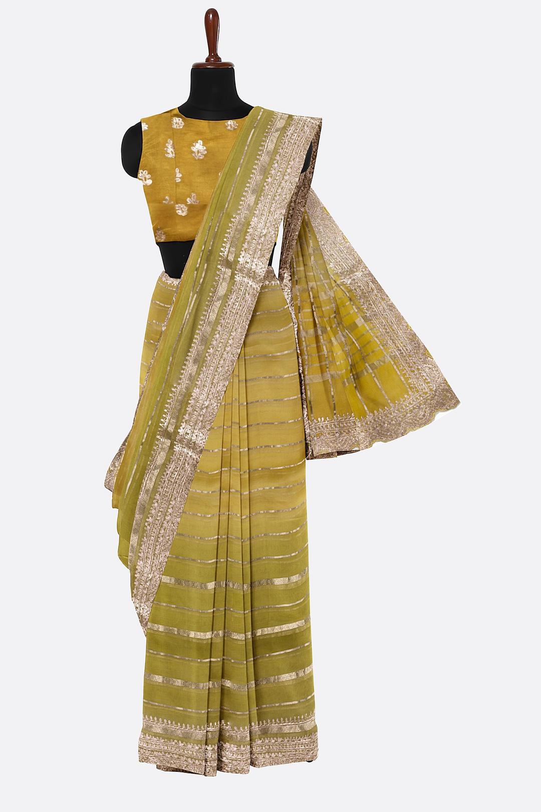 Green Plain Organza Saree F01106