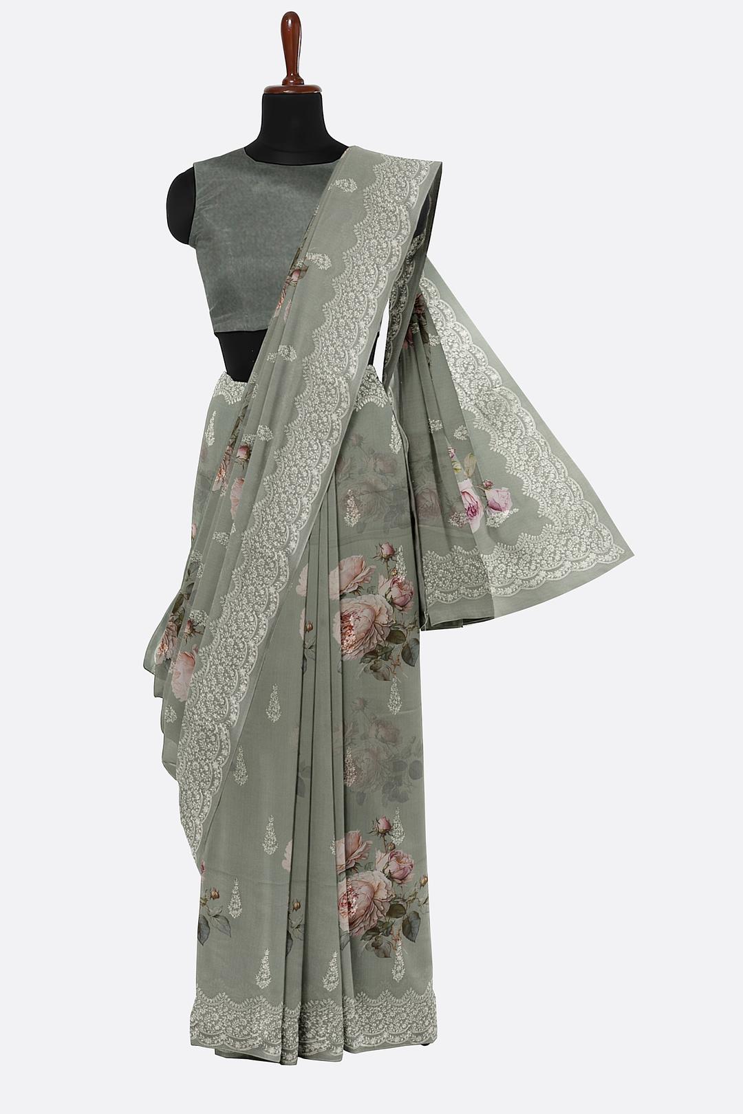 Green Printed Georgette Saree F00817